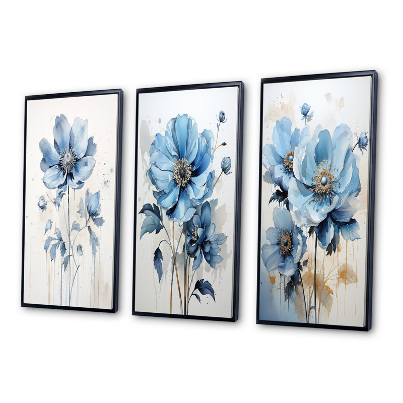«Blue Minimalisme Poppy Flower» 3 - pièces sur toile, H 40 po x l 60 po, Cadre noir