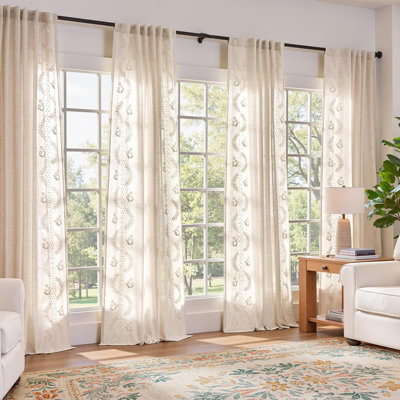 Linen Blend Farmhouse Flower Patterned Embroidered Back Tab Curtains 4 Panels