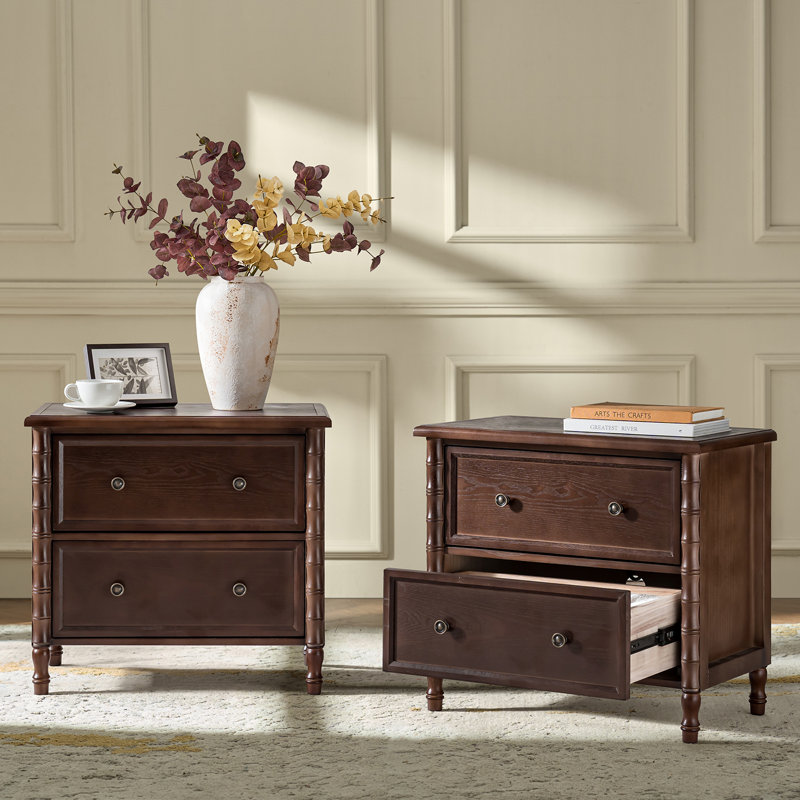 Lucious Transitional 26''W 2-Drawer Spindle End Table with Charging Station and Simple Assembly Set of 2, Walnut