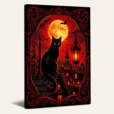 Art mural sur toile, "Chat noir sur le toit avec lune orange"