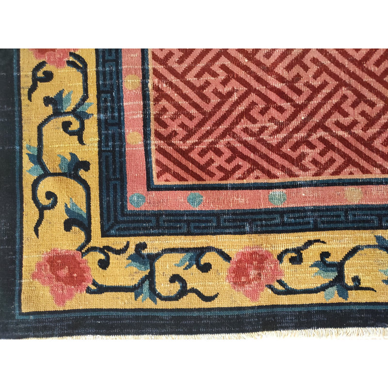 Antique Geometric Medallion Wool Hand Knotted Pile Coral / Salmon Pink 1925 Rug