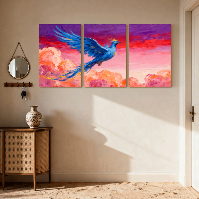 Oiseaux oiseaux bleus qui volent au-dessus de nuages colorés, ensemble de 3 impressions sur toile, H 24 po x l 48 po