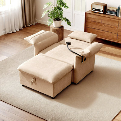 40" Wide Chenille Accent Chair Armchair with Ottoman, Modern Single Sofa Bed with Adjustable Backrest, Folding Side Table, Phone Holder and Type-C USB for Living Room Bedroom