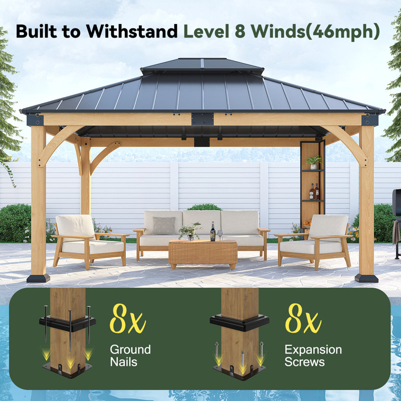 10x12 FT Outdoor Wood Gazebo with Black Netting & Galvanized Steel Roof