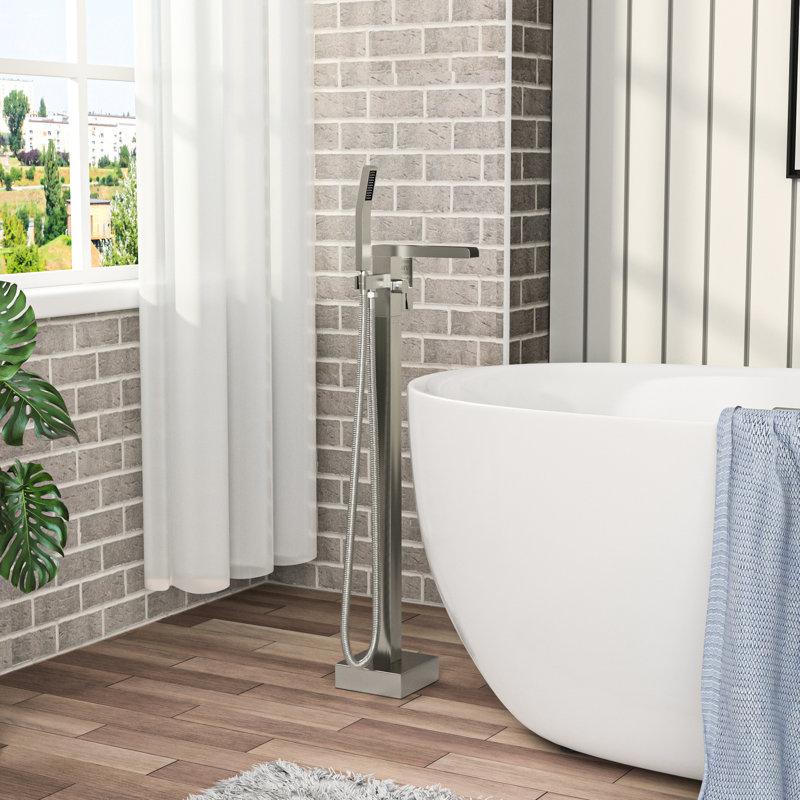Freestanding Bathtub Faucet With 360 Rotatable Waterfall Spout And Hand Shower, Dual Control, Brushed Nickel Brass Filler, Detachable Handheld, Finish On