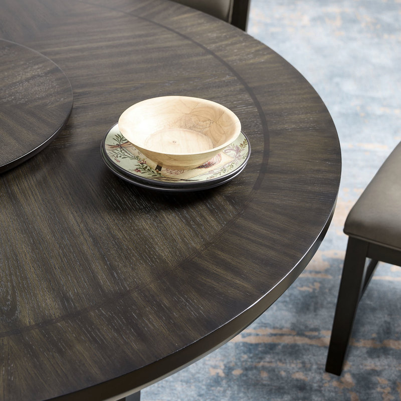 Table de salle à manger en bois brun foncé avec accessoire de paresseux, forme ronde, 6, table de transition en marbre blanc, structure en bois, sièges 6, garniture
