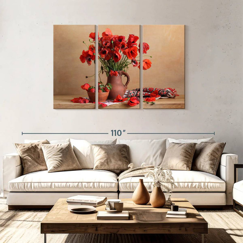 Harnek, coquelicots rouges et fraises, H 48 po x l 74 po