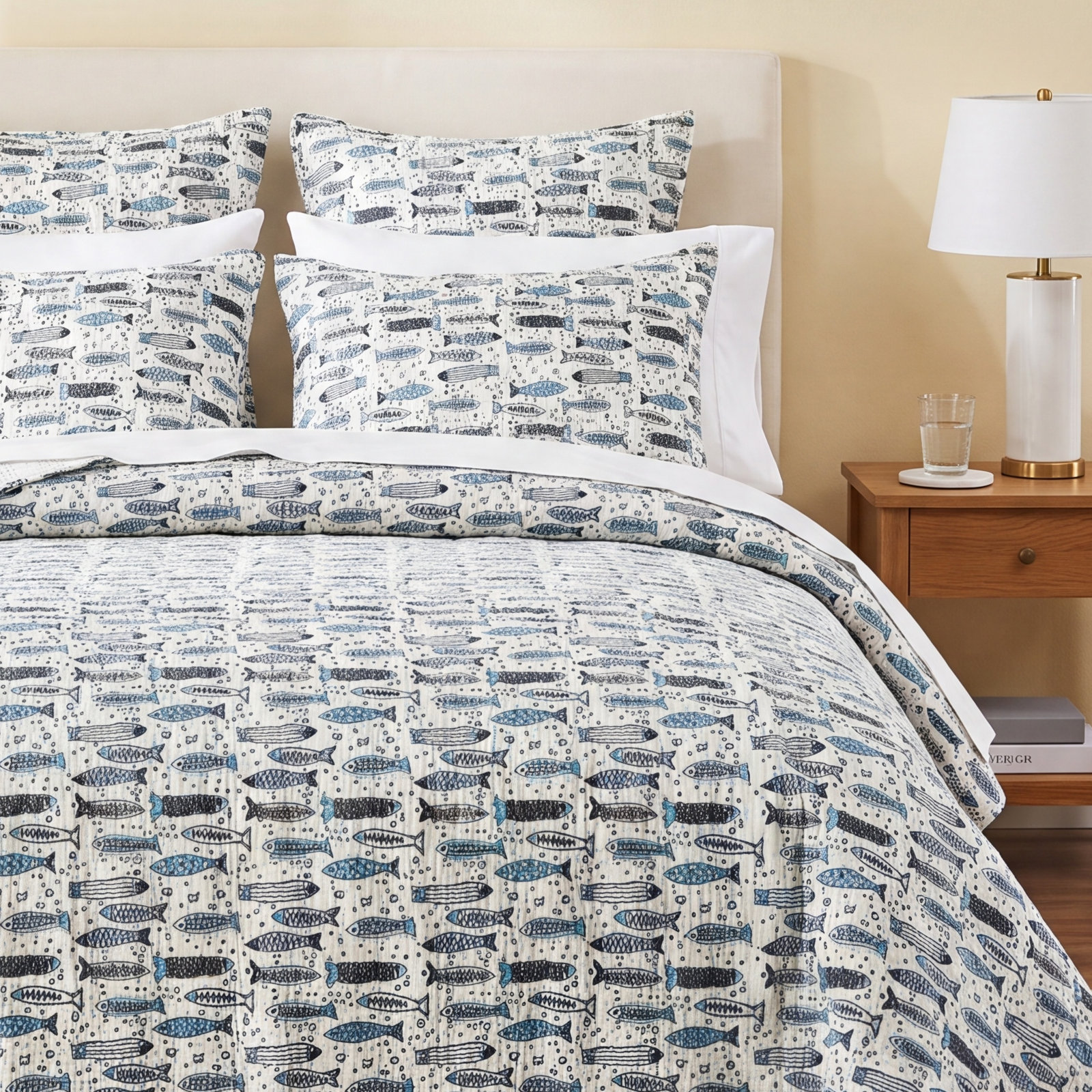 Kantha Fish Cotton Coverlet Set, Queen