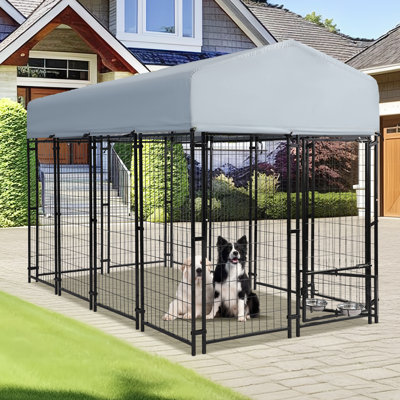 8x4x6 FT Outdoor Dog Kennel with Roof Cover, Heavy Duty Dog House Outside with Lockable Door and 2 Rotating Feeding Bowls