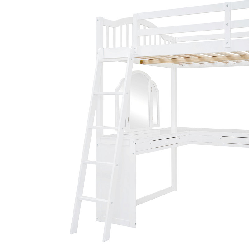 Lit mezzanine double en bois avec bureau en U, compartiments de rangement et miroir à trois volets, blanc