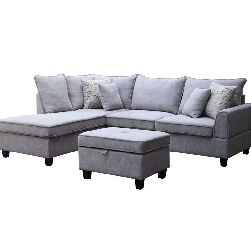 Tissu gris, canapé modulaire l 99,5 po, méridienne orientée vers la gauche, méridienne de rangement avec 4 sièges, coussins décoratifs et pieds en bois massif brun foncé de 3,74 po