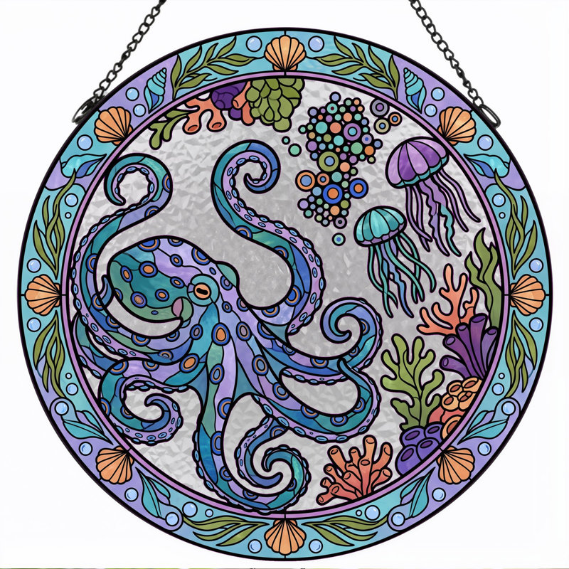 Panneau de vitrail Octopus Ocean, H 7,8 po