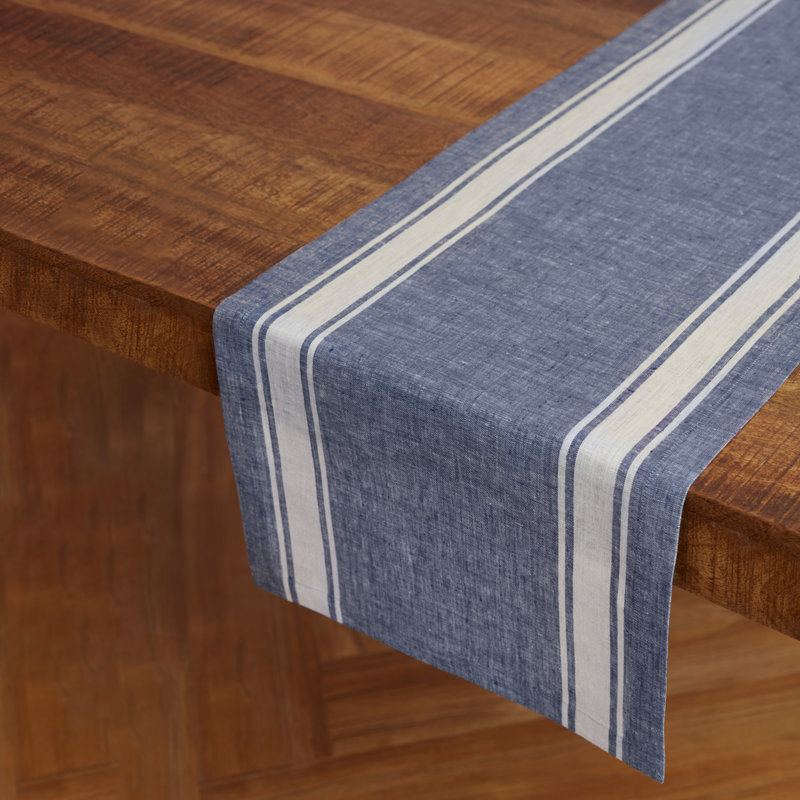 Country Stripe - 100% Pure Linen Table Runner, 90" x 14", Blue/White