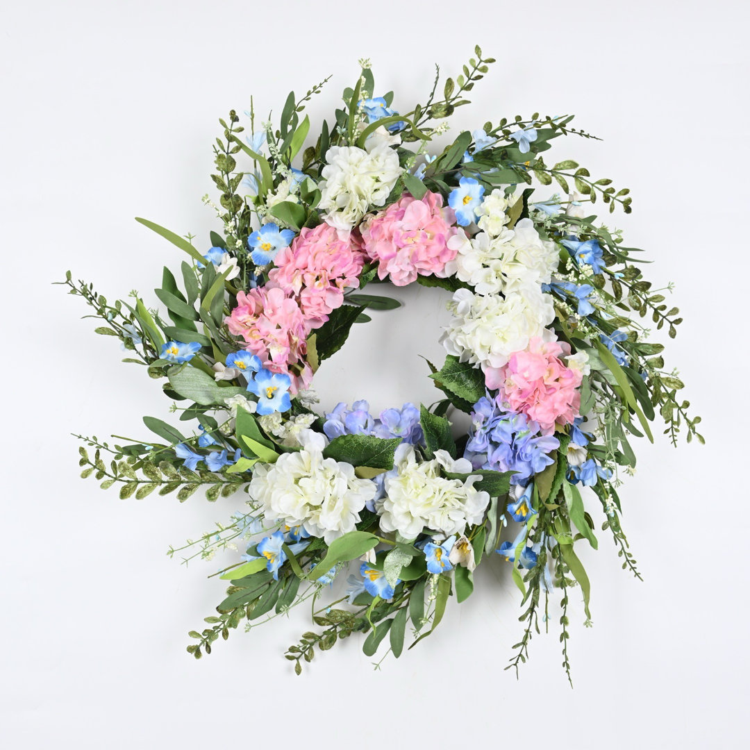 24" Spring Summer Hydrangea Flower Wreath for Front Door The Holiday Aisle®
