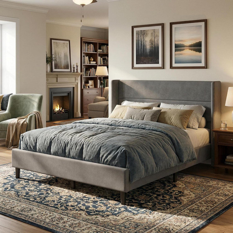 Velvet Upholstered Platform Bed Frame with Wingback Headboard & Wood Slats, 8" Under-Bed Storage, No Box Spring Needed for Bedroom