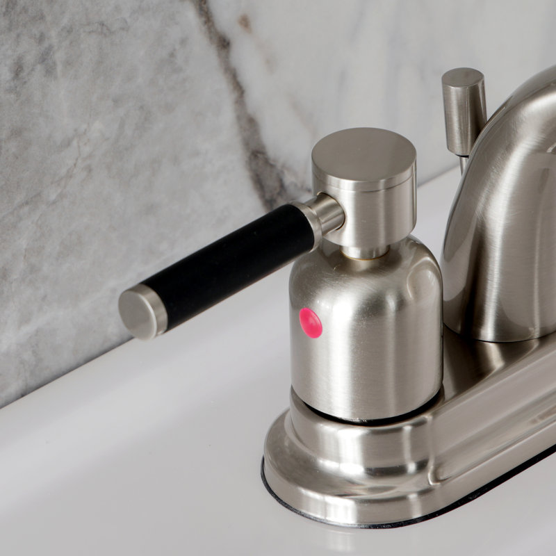 Kingston Brass Kaiser Two-Handle 3-Hole Deck Mount 4" Centerset Bathroom Faucet with Plastic Pop-Up, Brushed Nickel