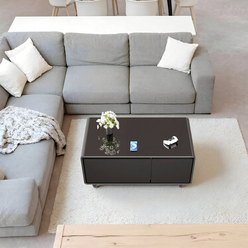 Table basse moderne et intelligente avec réfrigérateur intégré et tiroirs de congélateur Haut-parleur Bluetooth Chargeur sans fil Panneau de commande tactile Interface USB Protection de la prise de courant Lumière de l'atmosphère