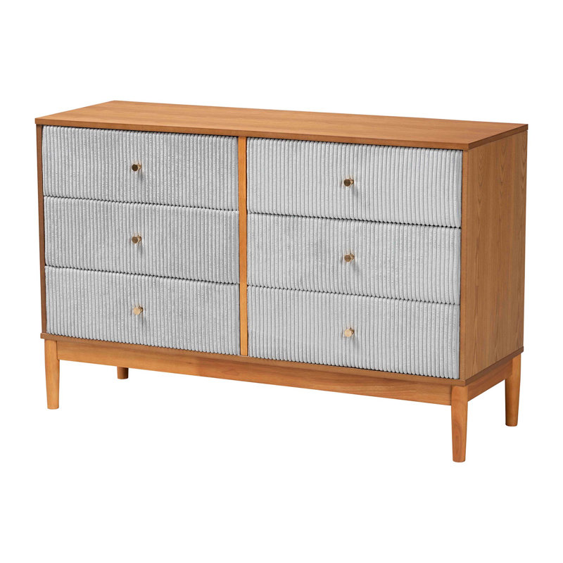 Commode 6 tiroirs en velours côtelé gris et chêne brun Taylin