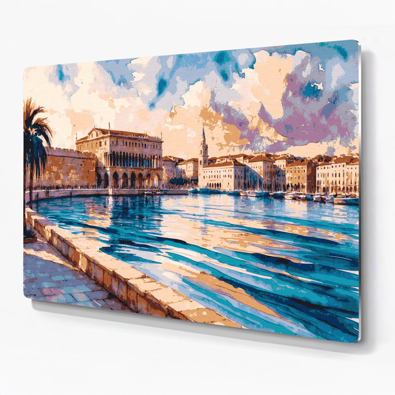 Art mural en métal beige avec villes de Split, H 24 po x l 36 po