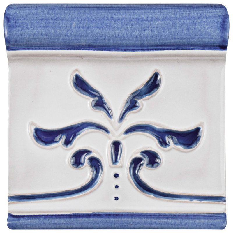 Carreau de céramique à bullnose Novecento Friso Evoli 5 po x 5 po, Blanc / bleu