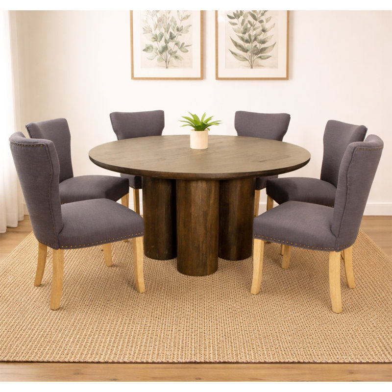 Coriolano 63" Round Dining Table Set With 6 Blue Chairs, Green/Beige