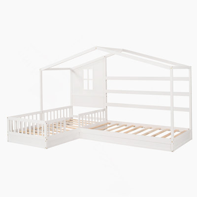 Lit en bois, 2 lits simples en L avec clôture et structure à lattes