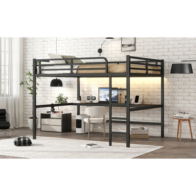 Grand lit mezzanine en métal avec prise de courant et éclairage DEL, peu encombrant, réduit le bruit, noir