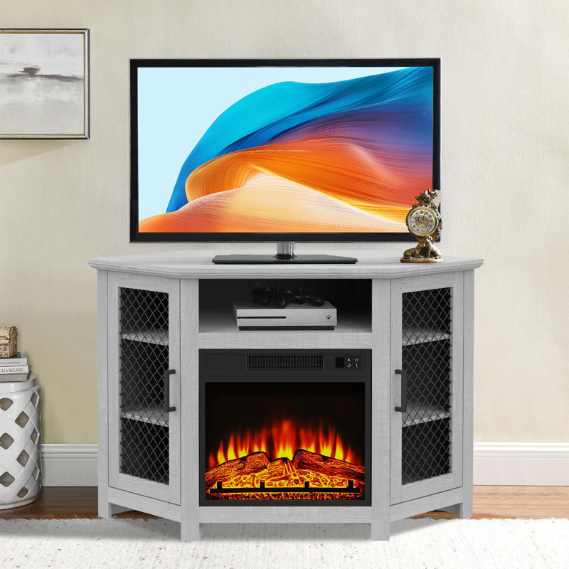 Corner TV Unit Stand fits TVs up to 55" With 18" Electric Fireplace Included, Grey