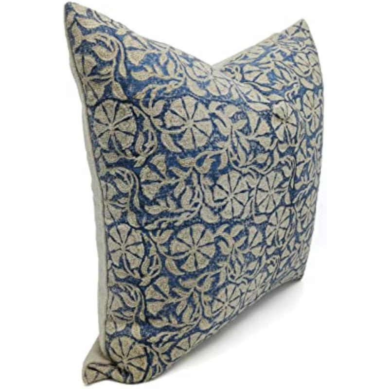 Coussin décoratif en lin imprimé à la main Fabubline Rudraksh 22 x 22 po, 22 po x 22 po, Bleu / Vert