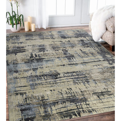 Tapis gris / ivoire en laine / viscose noué à la main Serena