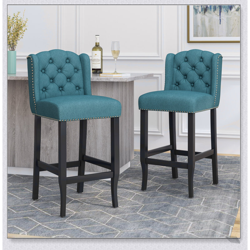 Ensemble de 2 tabourets de comptoir à oreilles capitonnés en tissu Vienna Vienna, Sarcelle