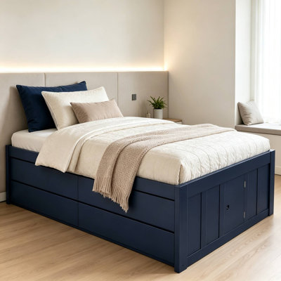 Structure de lit plateforme en bois avec 4 tiroirs sous le lit et rangement latéral, aucun sommier requis