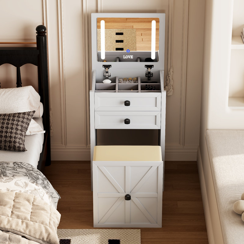Ellingson 3 In 1 Vanity Desk With Plip Top Mirror, Small Make Up Vanity Set With Visible Glass Desktop