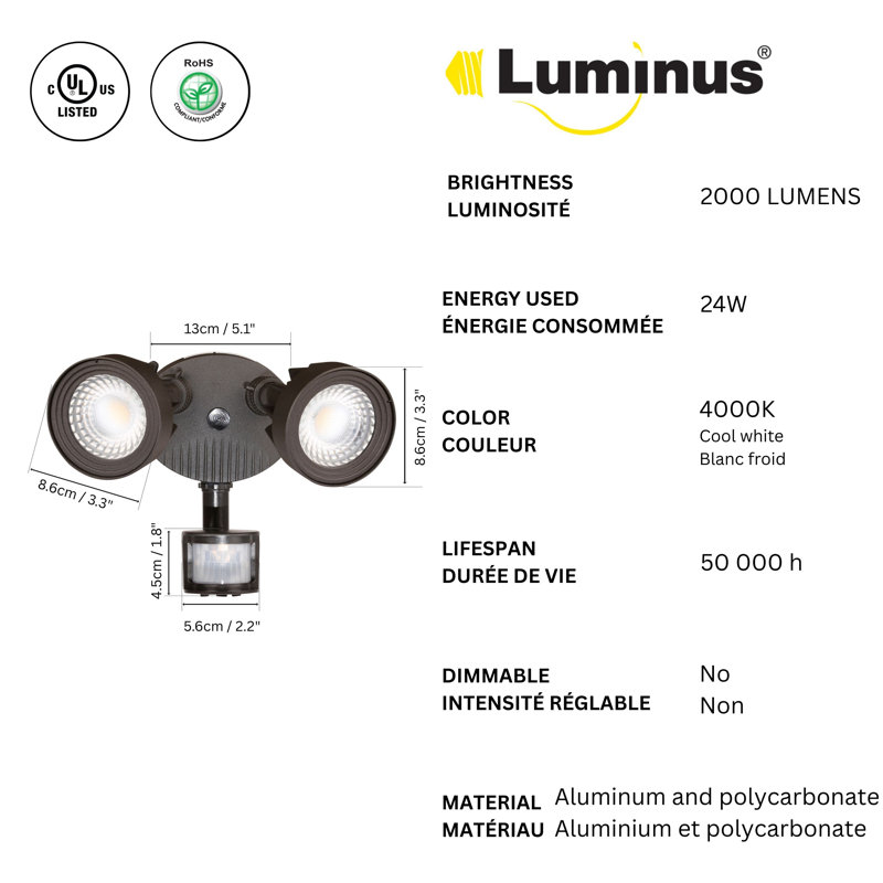  2 - Head LED Hardwired Outdoor Security Flood Light with Motion Sensor 24Watts, 2000 Lumens, 4000K, 50000Hrs