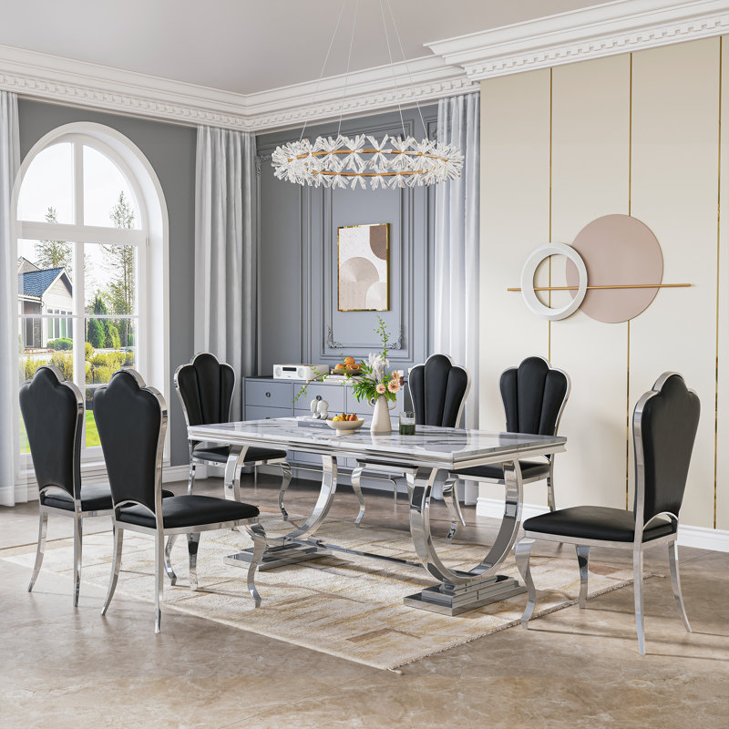  U-Shape Pedestal Dining Set, Faux Marble Tabletop and Petal-Shaped PU Upholstered Chairs, Silver/White, Black/Silver
