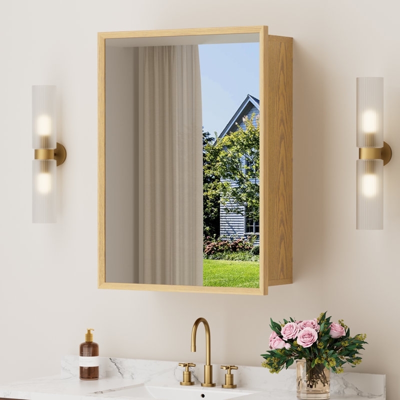 Beveled Frame Wood Medicine Cabinet with Mirror, Adjustable Shelves, Soft-Close Hinges, Reversible Door, Wall-Mount or Recessed Bathroom Cabinet, Light Oak