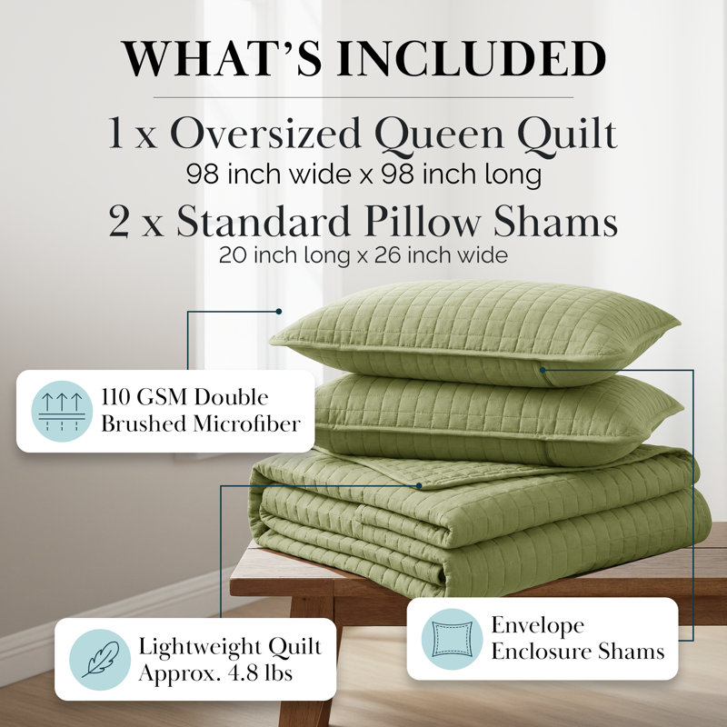 Southshore Fine Linens Vilano Oversized Quilt Set, Double-Brushed Microfiber Lightweight Quilted Bedding with Waffle Geometric Pattern and 2 Pillow Shams, Full/Queen, Sage Green