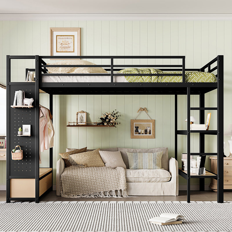 Grand lit mezzanine en métal avec garde-robe, Grand lit