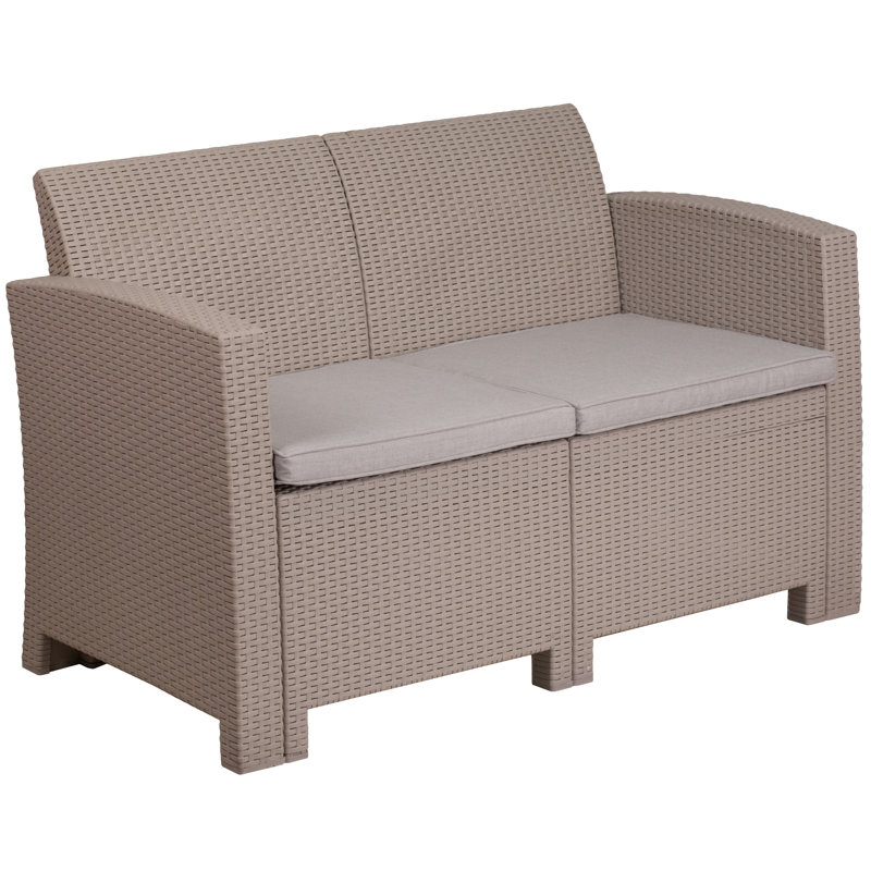 Alderman Faux Rattan Loveseat with All-Weather Cushions, Light Gray