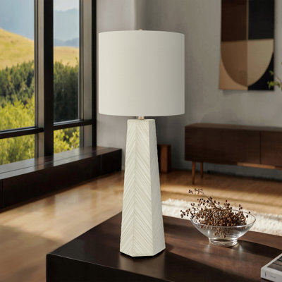 29" Art-Deco Ceramic Table Lamp – Geometric Column Base + Ivory Linen Drum Shade