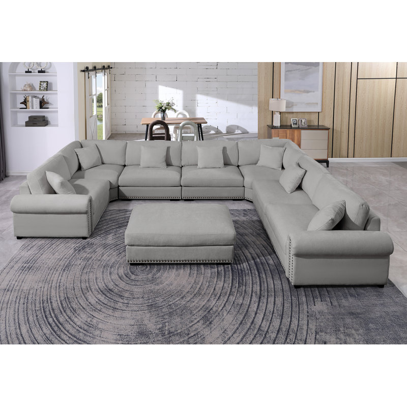 Modular Large 8 Seats Roller Arms Nailheads Cloud Couch Chenille Corner Sectional Sofa, Light Gray Chenille