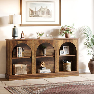 63-Inch Long Farmhouse Wooden Rectangular Entryway Console 3 Tier Storage Sofa Table Behind Couch