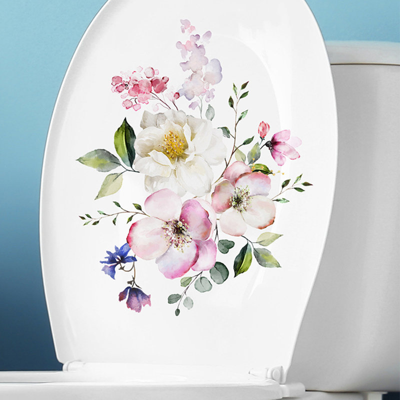 Flowers Bathroom Toilet Seat Lid Cover, Leaves Flowers Toilet Stickers Modern Minimalist Flowers Pattern Self-Adhesive Toilet Lid Stickers PVC Toilet Cover Decal for Bathroom Restroom Decor