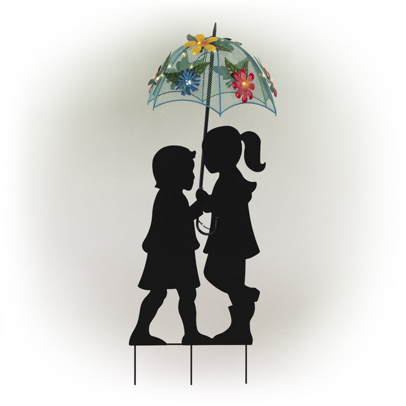 Solar Powered Multicolor Metal Girl and Boy Silhouette Statue