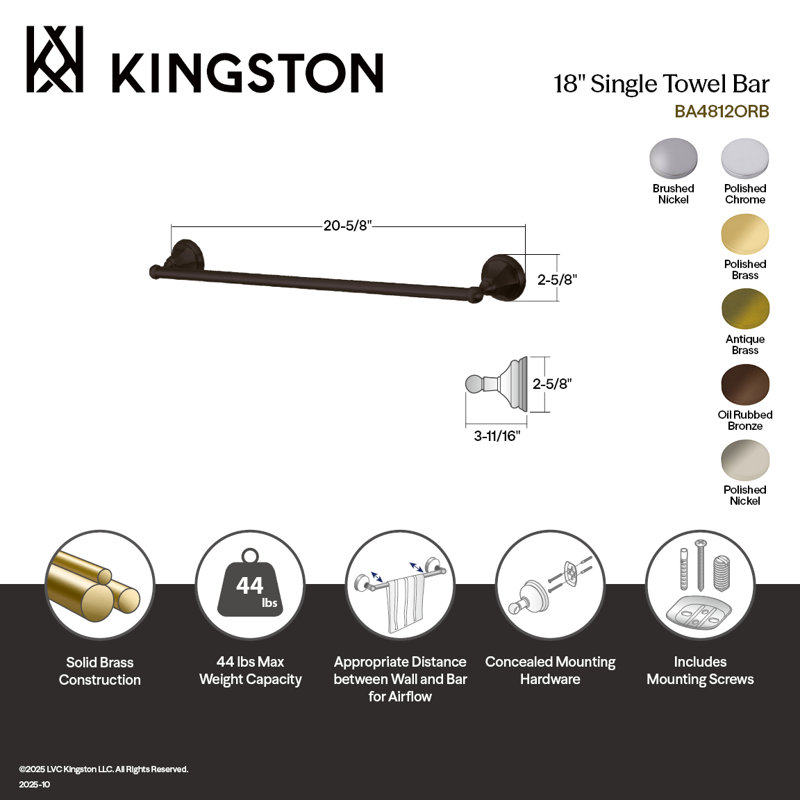 Barre à serviettes 18 pouces Kingston Brass Metropolitan, Nickel poli, 18"