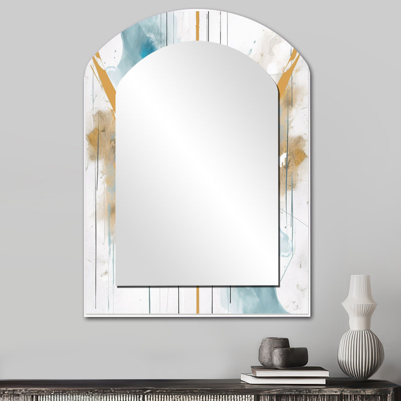 Teal and Gold Elegance - Minimalism Arch Decorative Mirror, Teal Asymmetrical Wall Mirror, Printed Metal Art, 34" x 25"