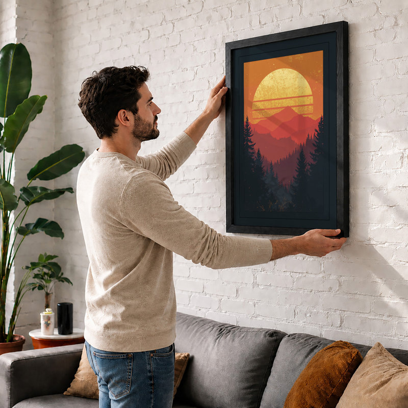 Mountain Sunrise Minimalist - Framed Print, A3 - 42.0 x 29.7 cm, Oak