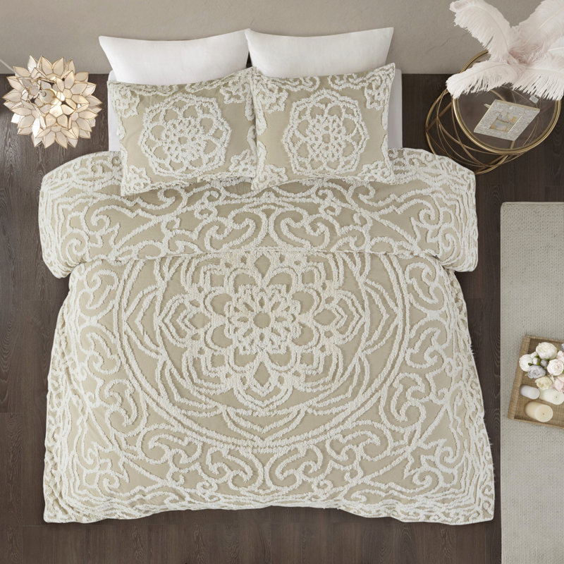 Housse de couette médaillon taupe, Édredon grand et 2 taies décoratives, Taupe