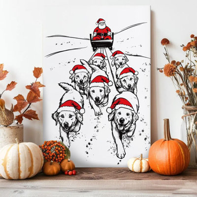 1 piece framed Bernhardina painting of Santa Claus, Golden Retriever sled team, vintage line art style. Decorative retro wall poster for home decor, a perfect gift for modern artwork in the bedroom or living room,.