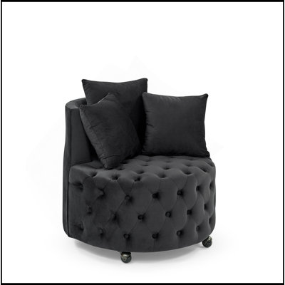 Chaise pivotante rembourrée en velours pour le salon, avec conception capitonnée à boutons et roues mobiles, comprenant 3 coussins